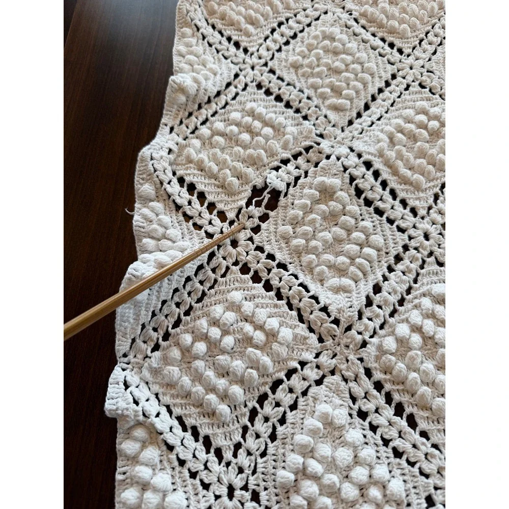 Vintage White‎ Crochet Table Runner Diamond Popcorn Stitch Boho Farmhouse 43x13